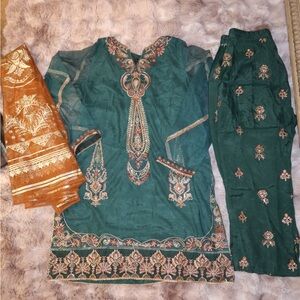 Sapphire 3 piece suit Embroidered Green and Orange Traditional Outfit